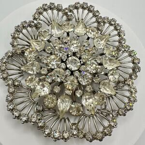 MASSIVE 1950s vintage silver tone clear prong-set rhinestones round 3.5" brooch